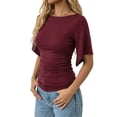 thumbnail image 2 of MOYIKO T Shirts for Women Boat Neck 3/4 Flare Sleeve Ruched Fitted Shirts, 2 of 7