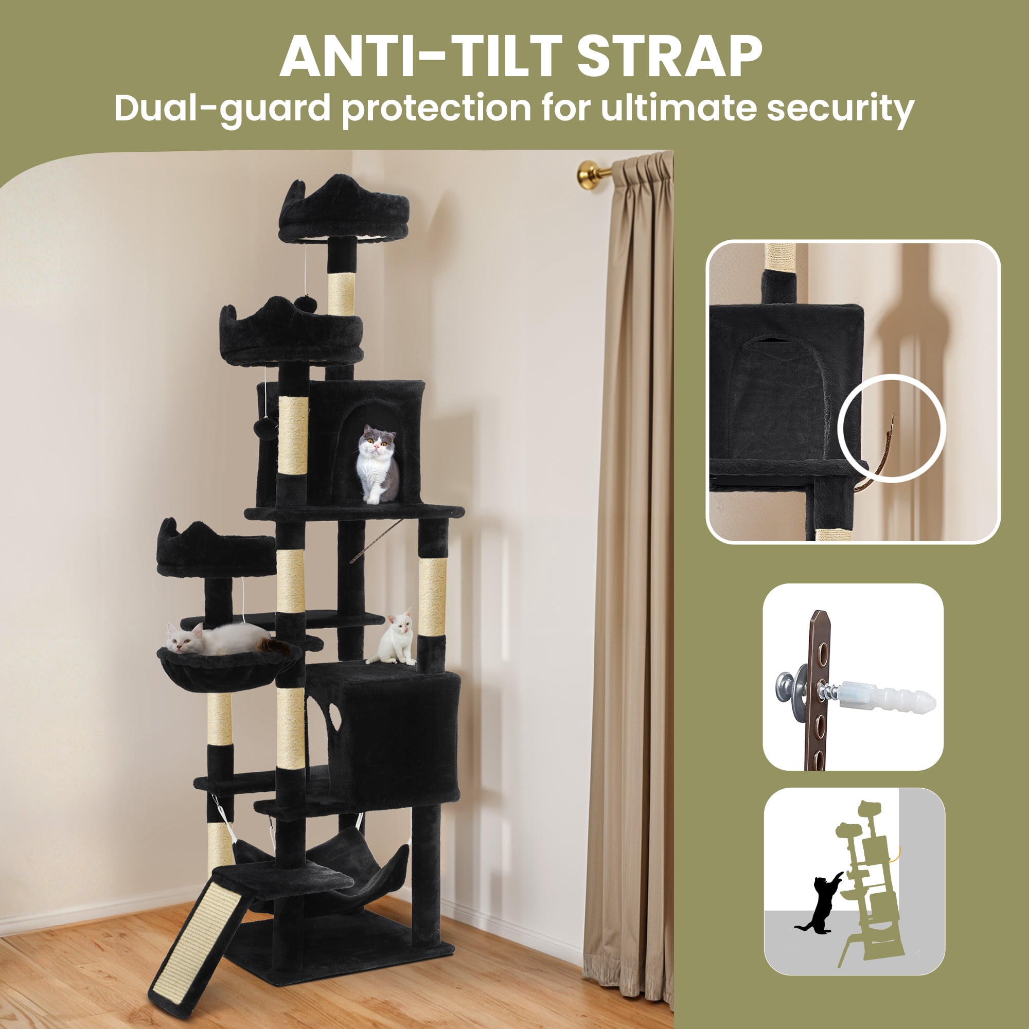 Uforic 75" Cat Tree for Large Cats Multi Level Play Tower Condo with Scratching Posts, Top Perches, Hammocks, Black