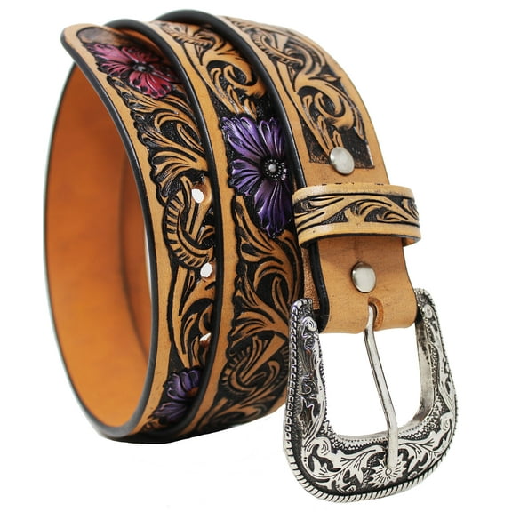 35-36 Men's 1-1/2" Wide Tan Leather Floral Tooled Casual Jean Belt 26FK20
