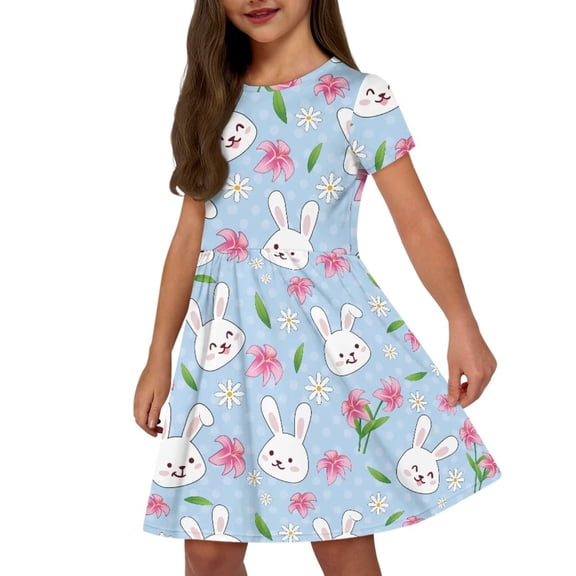 Uourmeti Easter Short Sleeve Swing Dresses for Girls Size 7-8 Cute Bunny Print Party Dress Summer Casual Crewneck Midi Dresses with Pockets