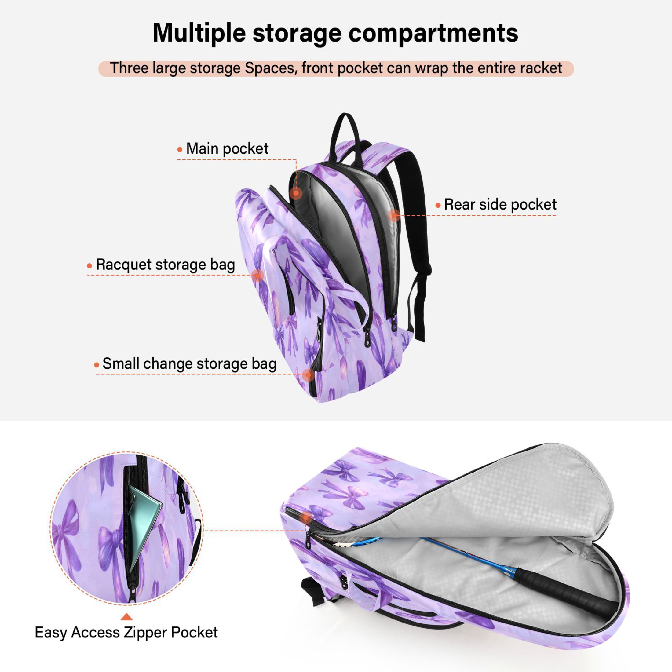 2 Racquet Holder Tennis Backpack Tennis Racket Covers Gym Bags Vibrant Purple Bows Pattern