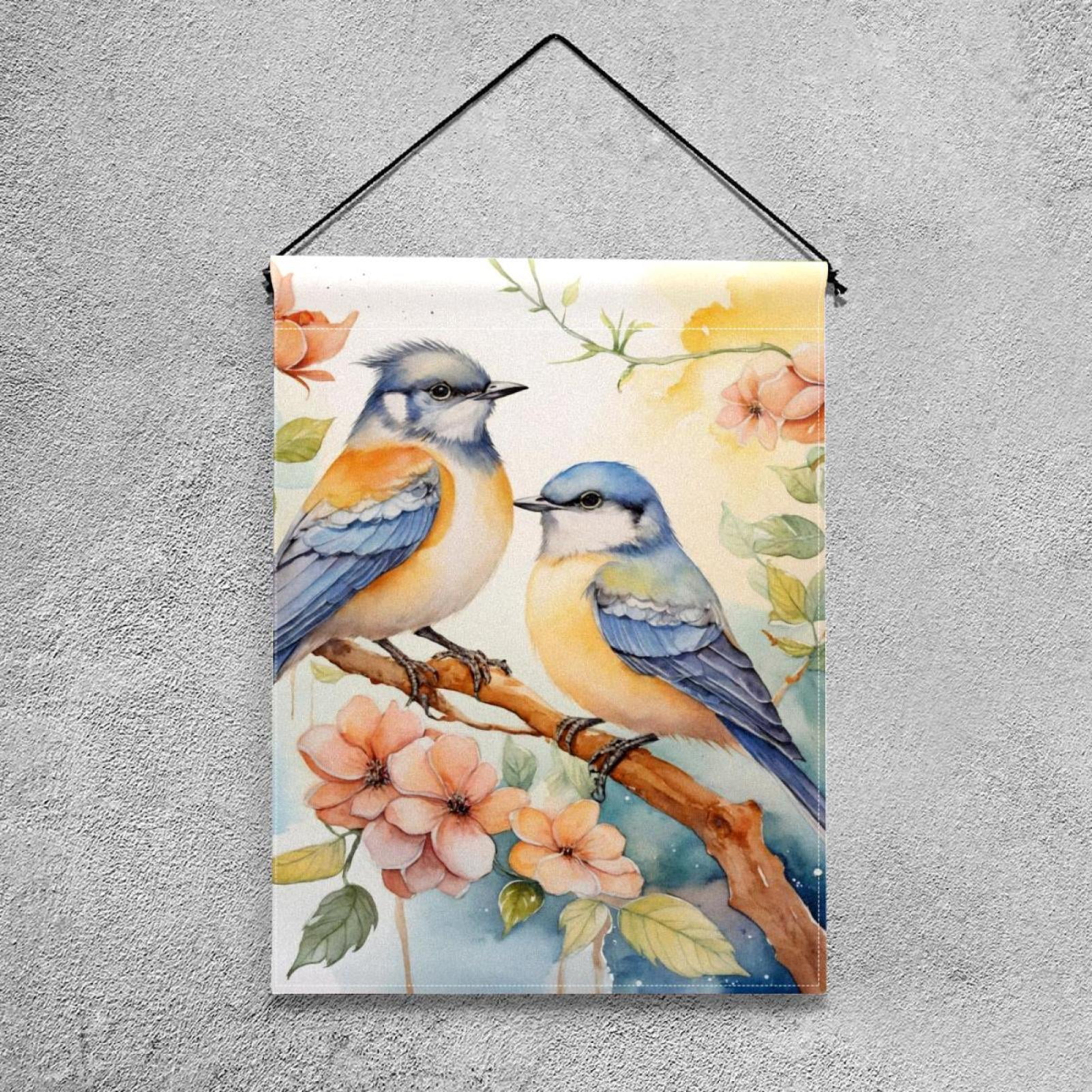 Watercolor Birds with Flowers Floral Double Sided Garden Flag Decorative Weather Resistant Yard Flag, Large DIY Vertical Flag for Farmhouse Patio Lawn, 28x40 Inch