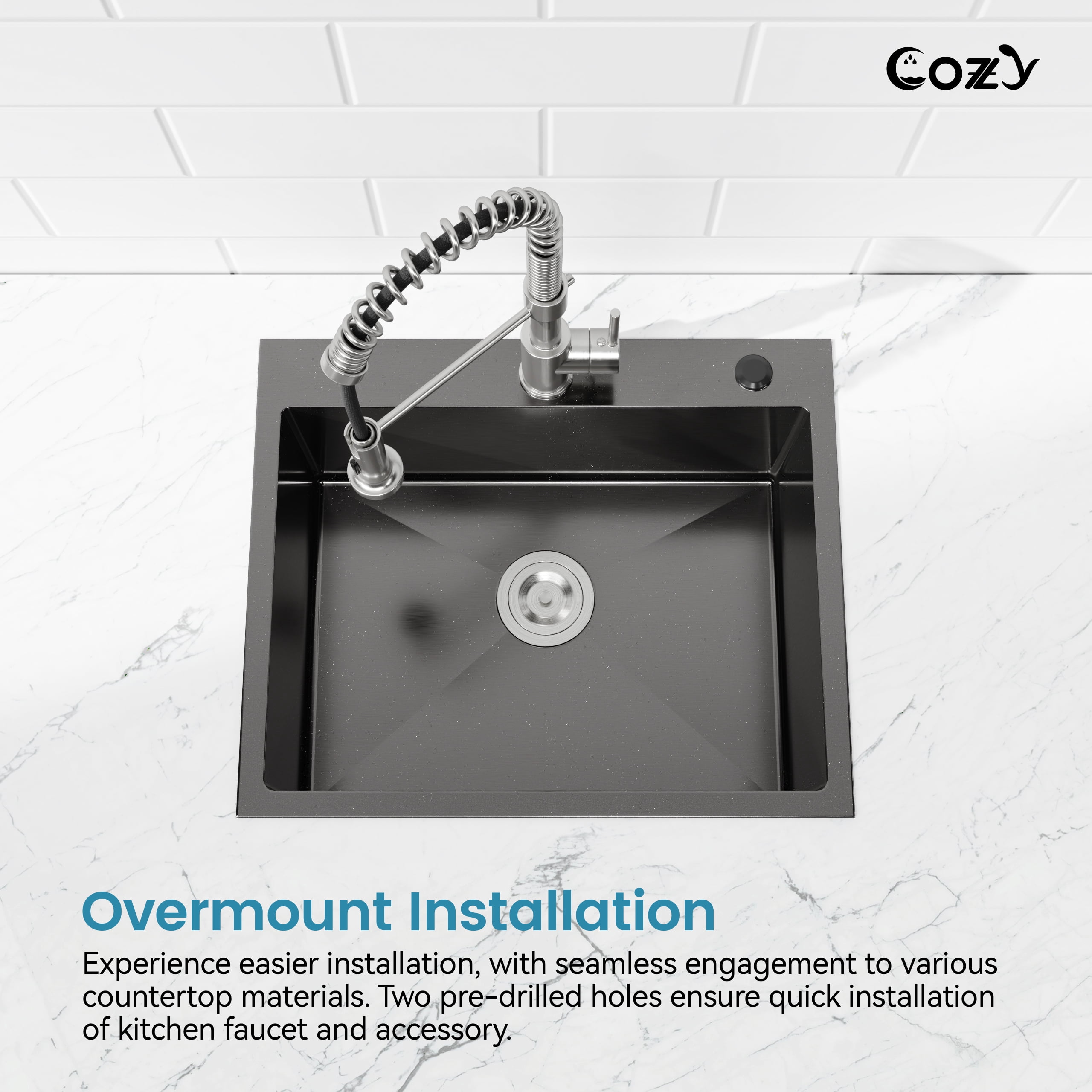 23″x19″ Stainless Steel Kitchen Sink, Single Bowl, Overmount Handmade Sink in Black, with US Standard Drain and Hook, SS-BL02D-231908-2