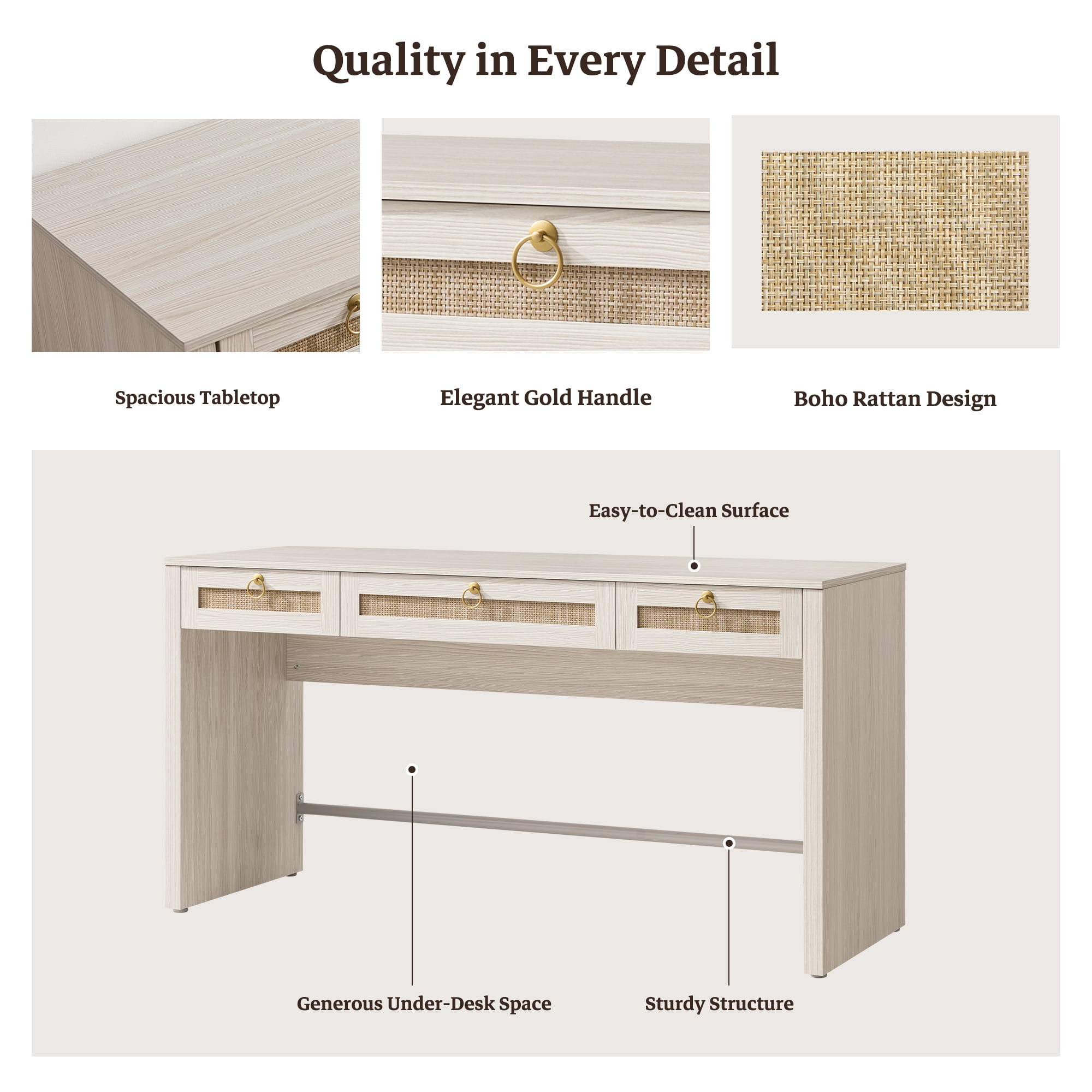 SICOTAS 59.05" W Home Office Computer Desk with Ample Storage，Boho Writing Desk with 3 Spacious Drawers & Unique Rattan Decor, Farmhouse Coastal Classic Style, Cream White