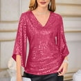 thumbnail image 2 of Mikilon Women's Sequin Tops 3/4 Sleeve Solid Color Party Blouse V-Neck Dressy Tops for Evening Party, 2 of 8