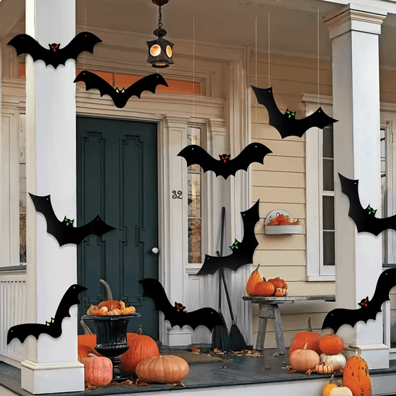 12 pack 3D Scary Hanging Bats with Glow Eyes, Waterproof Easy Setup Halloween Decor for Outdoor Indoor Yard Lawn
