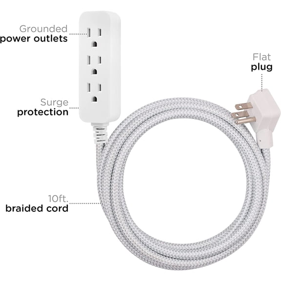 PYYAN-3 Outlet Power Strip Surge Protector Indoor Extension Cord 16 Gauge 10 Ft 3 Prong Braided Extension Cords Flat Extension Cord ETL Listed White 37914