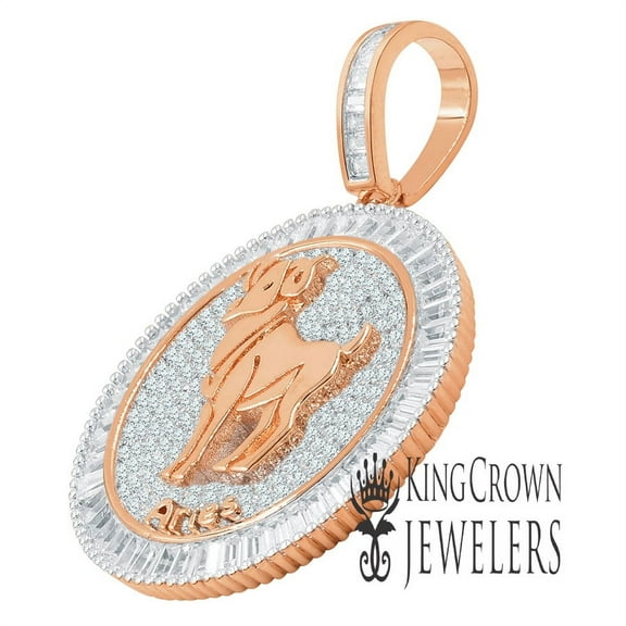 14K Rose Gold Finish Aries Ram Zodiac Sign Astrology Horoscope Charm Baguette & Round Cut Lab Diamond Pendant