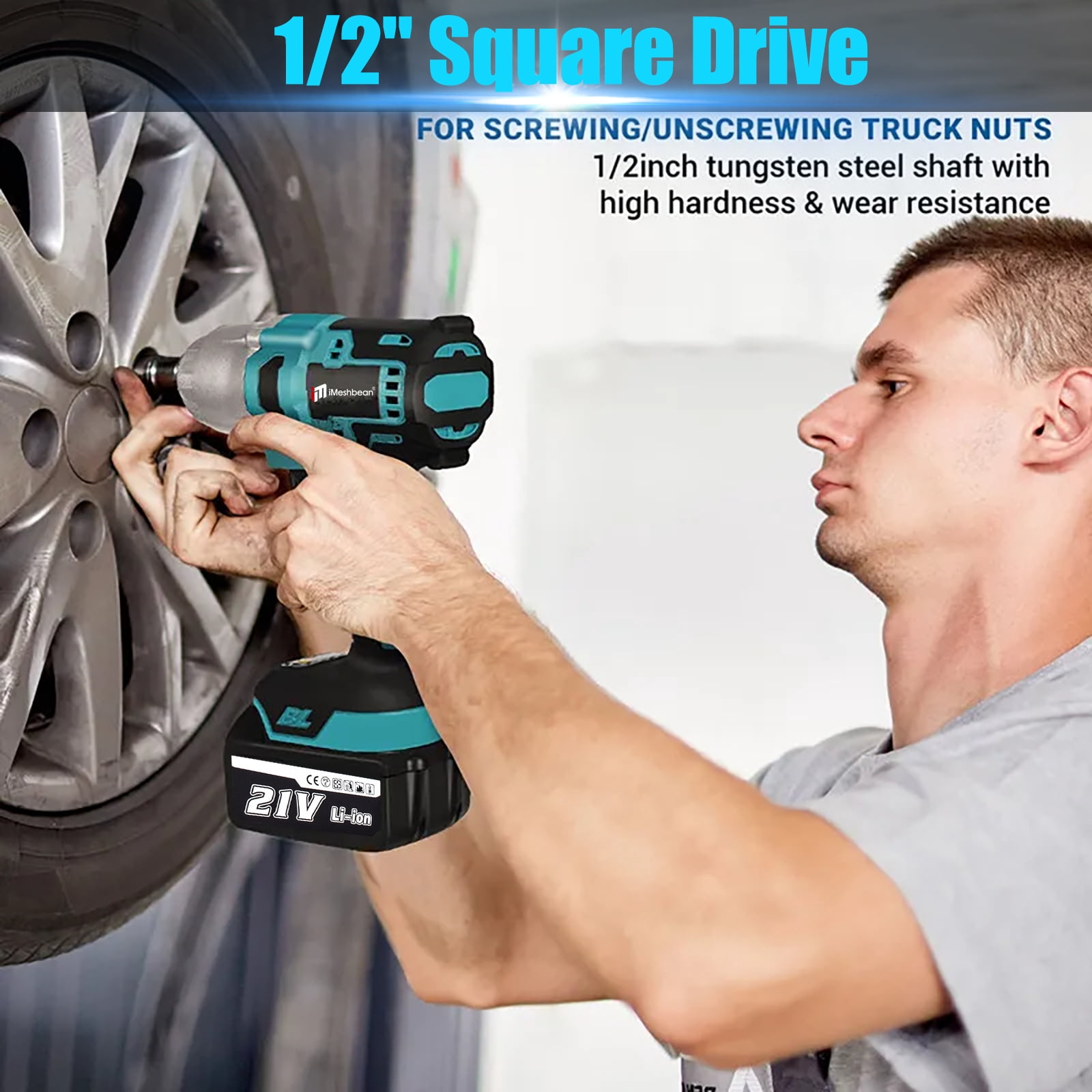 iMeshbean 21V Cordless Electric Impact Wrench Gun 1/2'' High Power Driver 1000N.m w/ 2PCS Battery