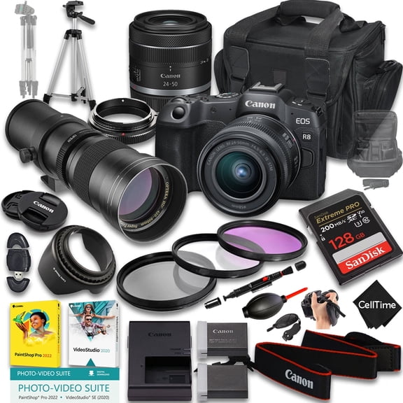 Canon EOS R8 Mirrorless Camera with RF 24-50mm f/4.5-6.3 IS STM And 420-800mm f/8 Manual Super HD Telephoto Lens   128GB Memory   Extra Battery   More (22pc Bundle) (International Version)