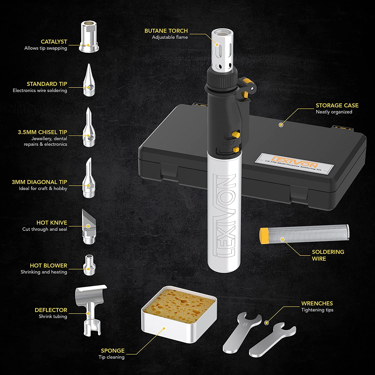 LEXIVON Soldering Iron Multi Purpose Kit Cordless Self Igniting Adjustable Flame 7 Tip Set Pro Grade 125 Watt Equivalent LX 770