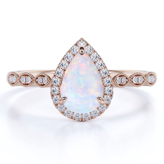 JeenMata 1.25 Carat Halo Pear Shaped Blue Opal and Moissanite Pavé Promise Ring in 18K Rose Gold over Silver