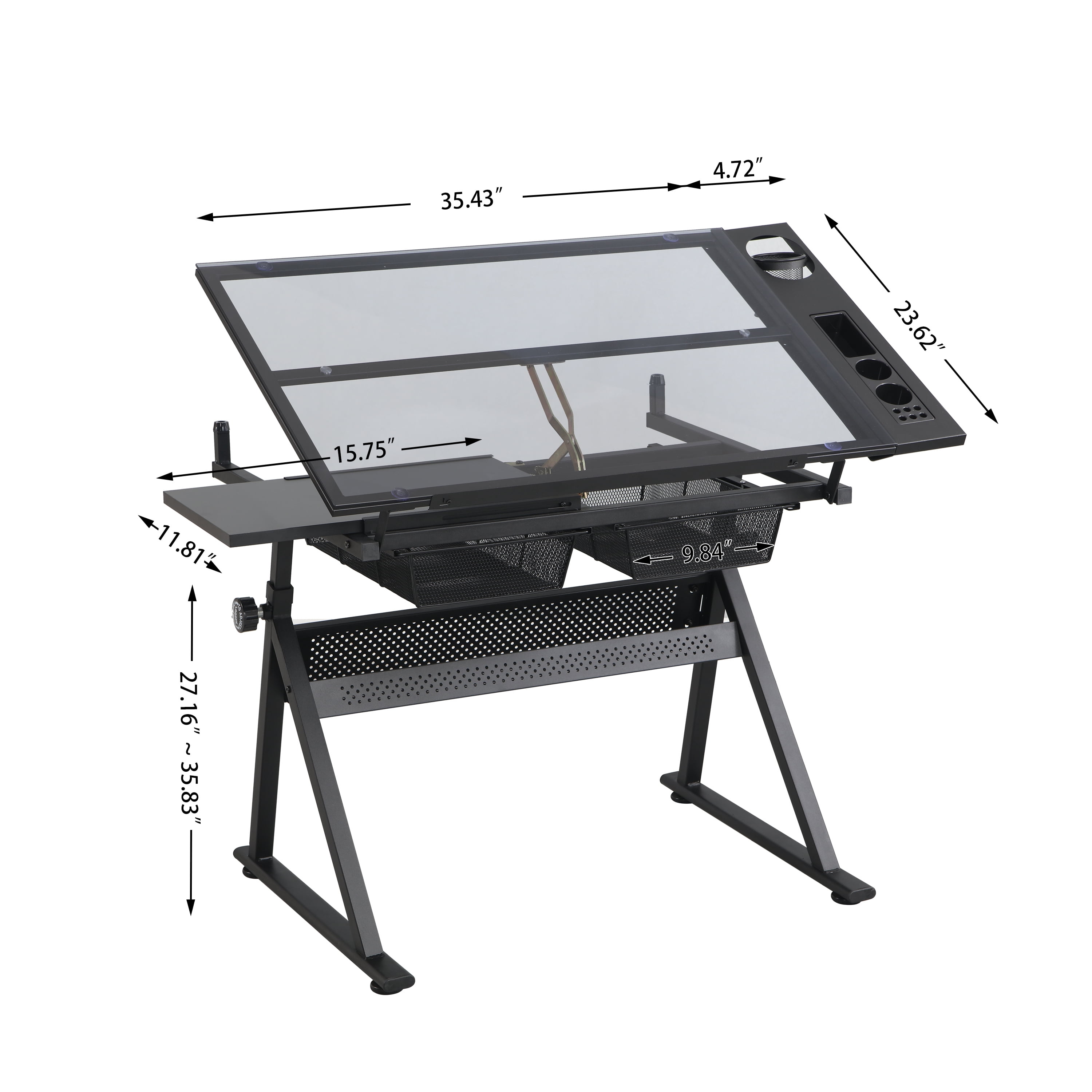 Drafting Table, 0-70° Adjustable Glass Top Artist Table, Height Adjustable Drafting Desk with Large Storage for Painting & Crafting, Ideal for Designers and Art Students (Black)