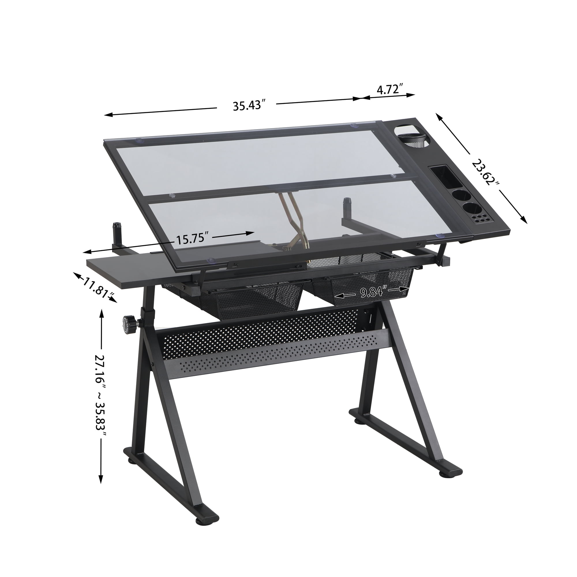 Drafting Table, 0-70° Adjustable Glass Top Artist Table - Height Adjustable Drafting Desk with Large Storage for Painting & Crafting - Ideal for Designers and Art Students (black)