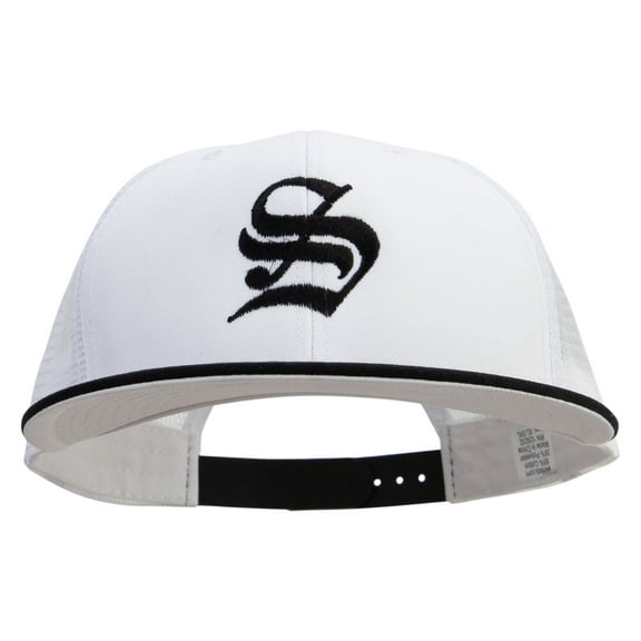 Old English S Embroidered Big Size Premium Flat Bill Trucker Cap - Black White XL-3XL