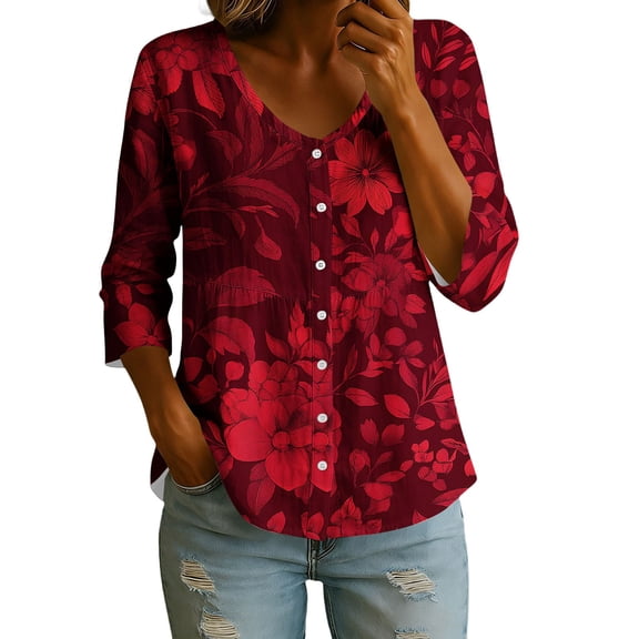 TOUMENY Summer Blouses for Women V Neck 3/4 Sleeve Button Down Floral Casual Loose Flowy Printed Shirts L