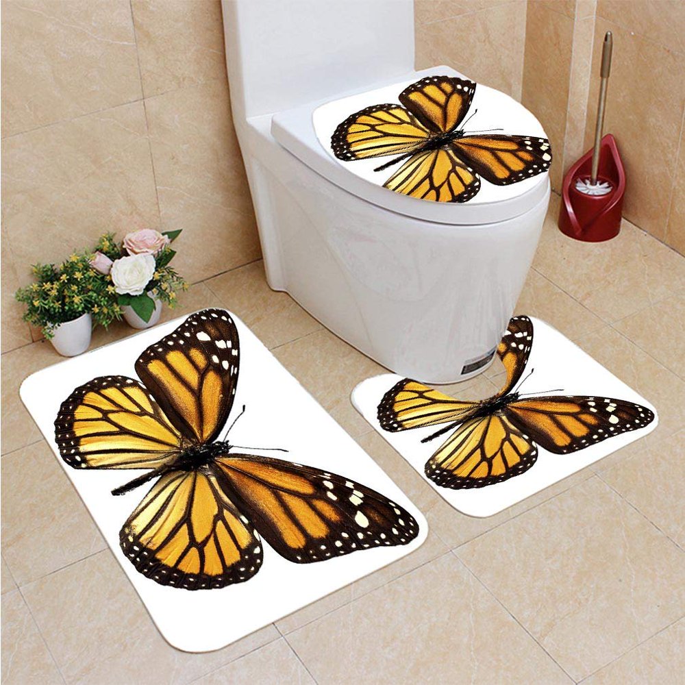 CHAPLLE Monarch Butterfly 3 Piece Bathroom Rugs Set Bath Rug Contour