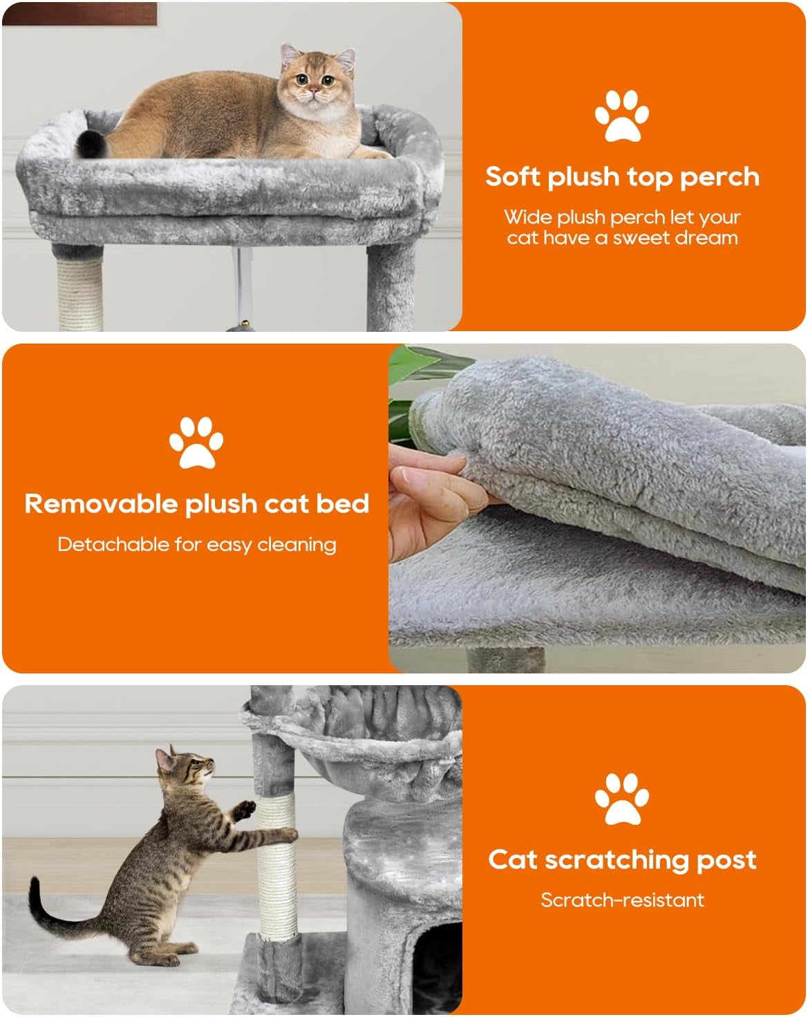 Small Cat Tree for Indoor Cats, Activity Cat Tower with Scratching Post for Kittens, Modern Cat Furniture with Basket & Hanging Ball for Play Rest, Grey