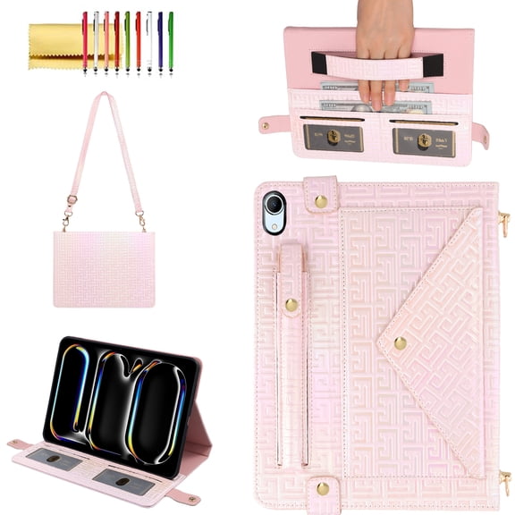 Allytechgroup Handbag Case for iPad 11th Generation 2025/10th Generation 2022, Folio Stand PU Leather Crossbody Cover with Pencil Holder Card Slots Wallet Case with Shoulder Strap Hand Strap, Pink