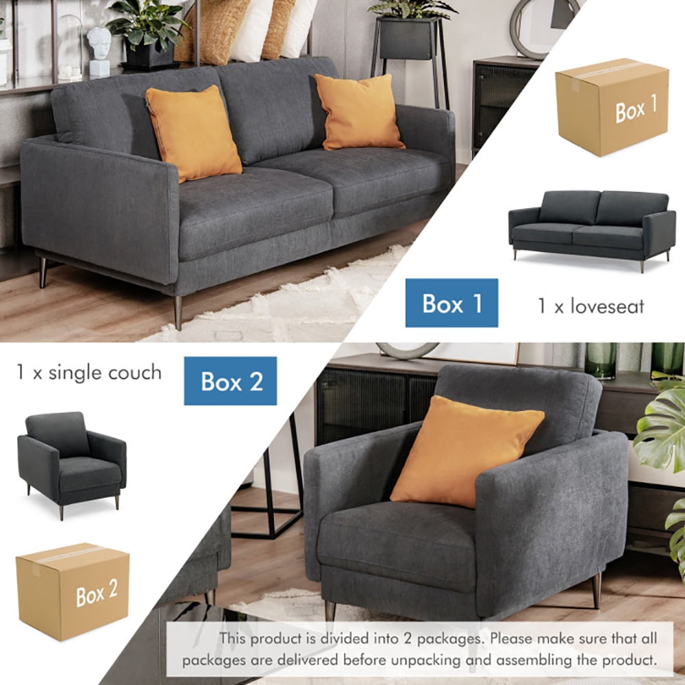 Finihen Sofa Set, Modern Sofa Couch with Solid Metal Legs and Removable Backrest Cushion, for Living Room, Bedroom, Gray