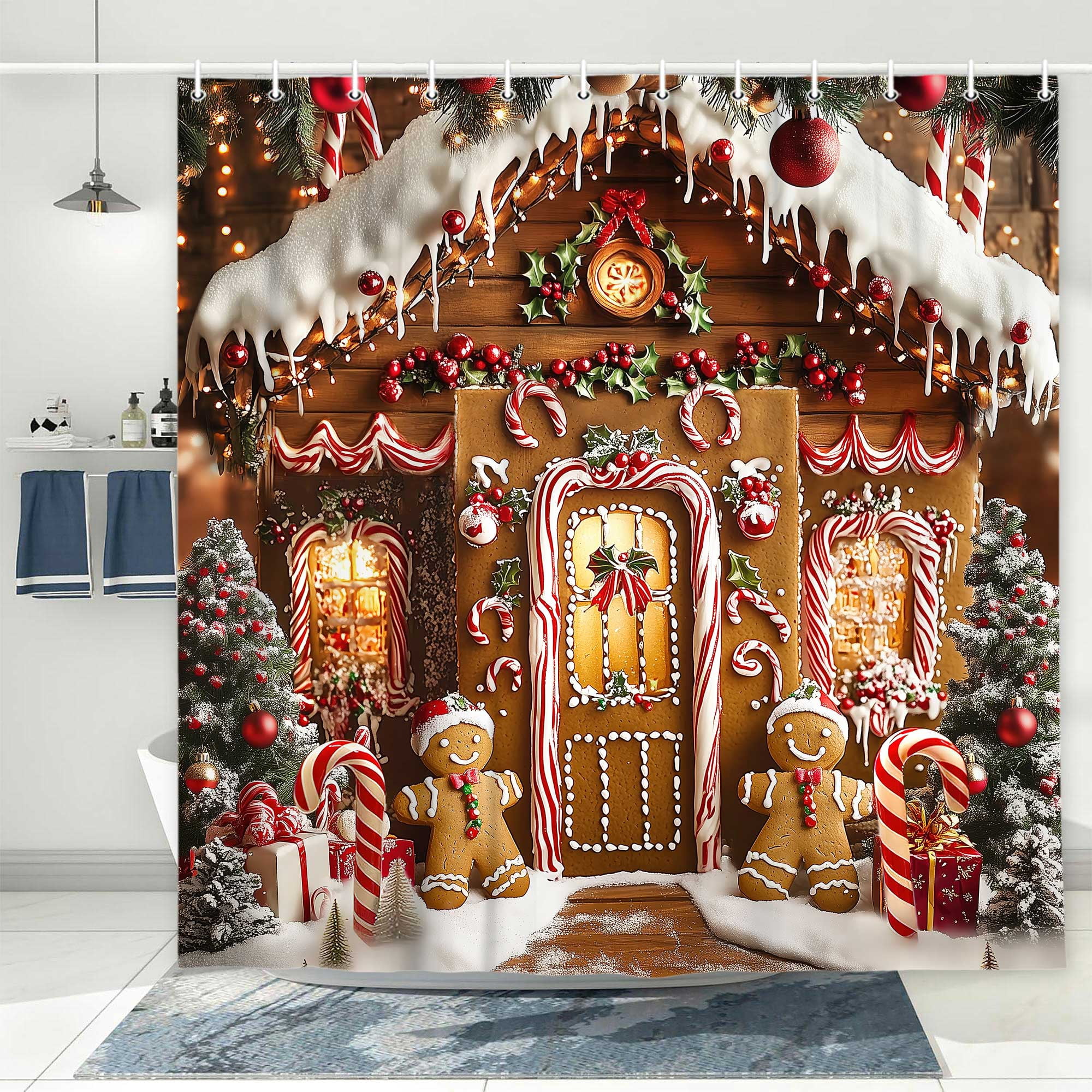 Christmas Kids Shower Curtain, Gingerbread House Snowflake Holiday Fabric Bath Curtain, Xmas Pine Tree Restroom Decor Bathroom Accessories with Hooks, 72X72in