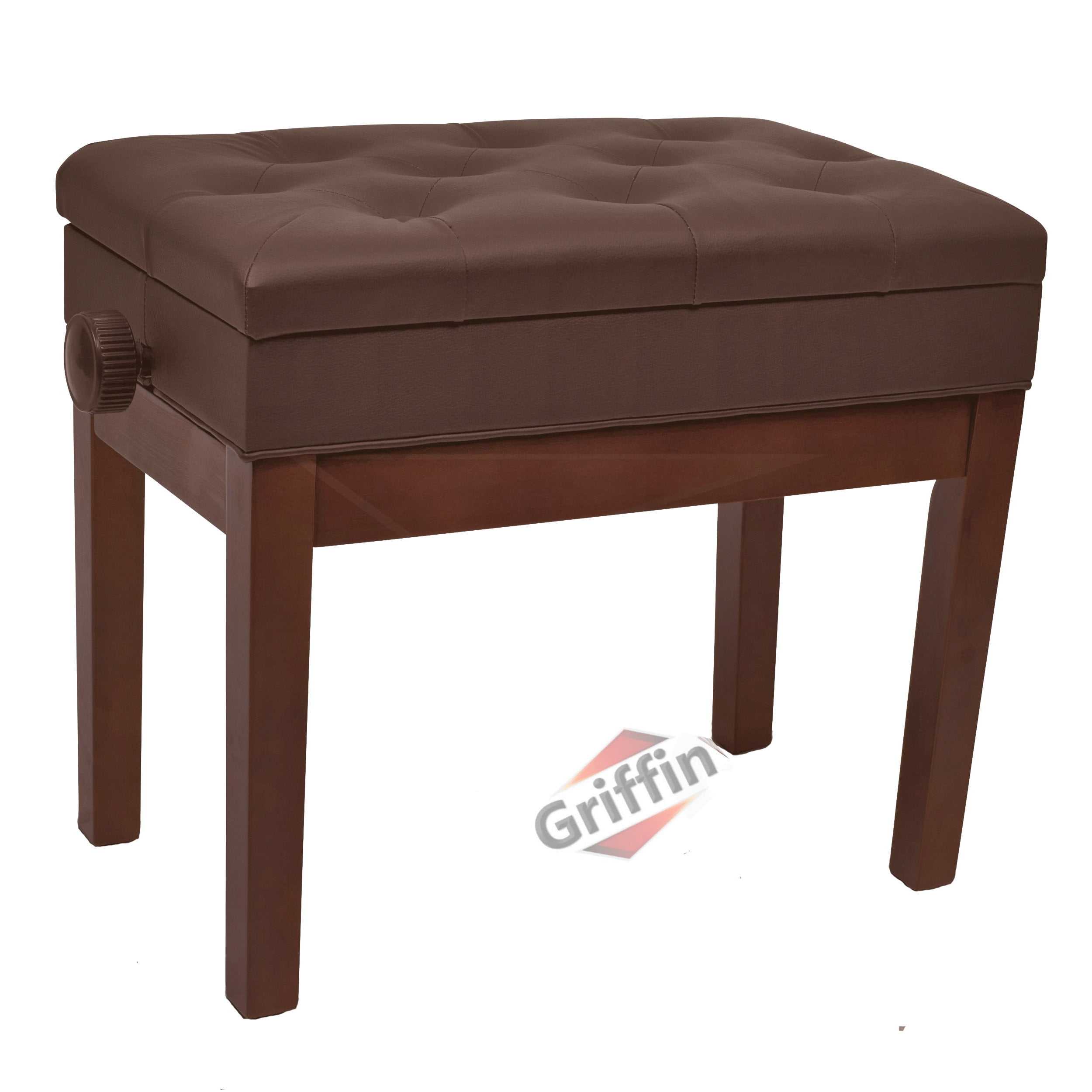 Brown Leather Piano Bench - Griffin Keyboard Seat Wood Vanity Chair Guitar Stool