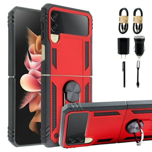 Value Pack + for Samsung Galaxy Z Flip 3 5G Hybrid Phone Case Magnet Mount Ready Grip Grids Ring Kickstand Slim Shock Bumper Cover