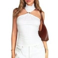 thumbnail image 2 of Women Halter Neck Pleated Twist Front Tank Tops Trendy Slim Fit Sleeveless Hollow Out Halter Top Clubwear Cream White M, 2 of 9