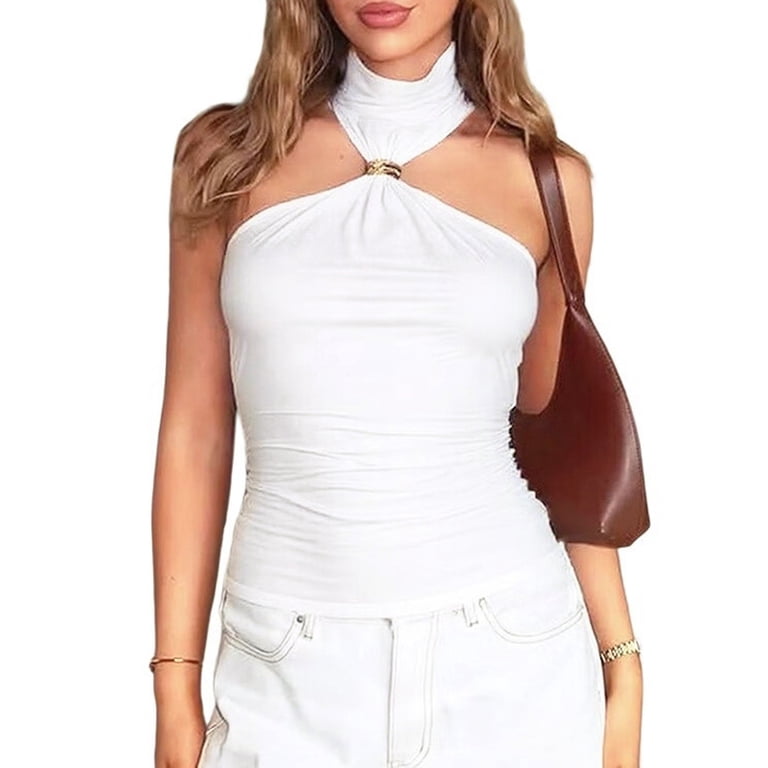 Women Halter Neck Pleated Twist Front Tank Tops Trendy Slim Fit
