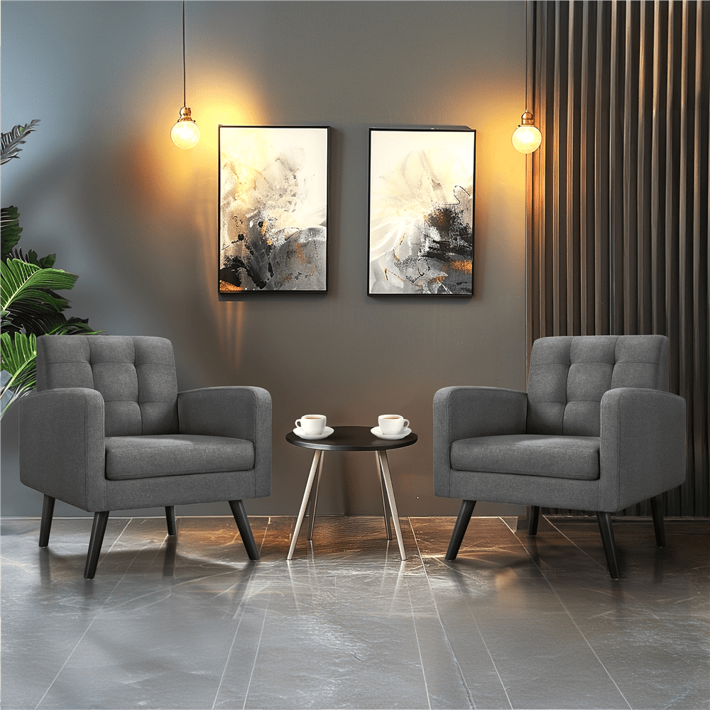 Alden Design Mid Century Modern Tufted Accent Chair with Rubberwood Legs, Set of 2, Dark Gray