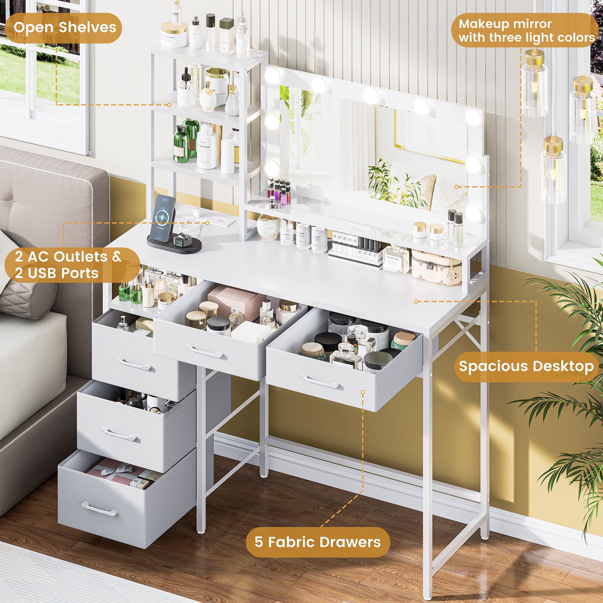 Vanity Desk with Mirror, 9 Lights, 3 Color Modes with Adjustable Brightness, 5 Spacious Fabric Drawers & Storage Shelves, Makeup Vanity with Power Outlets, Modern Vanity Table for Bedroom, White