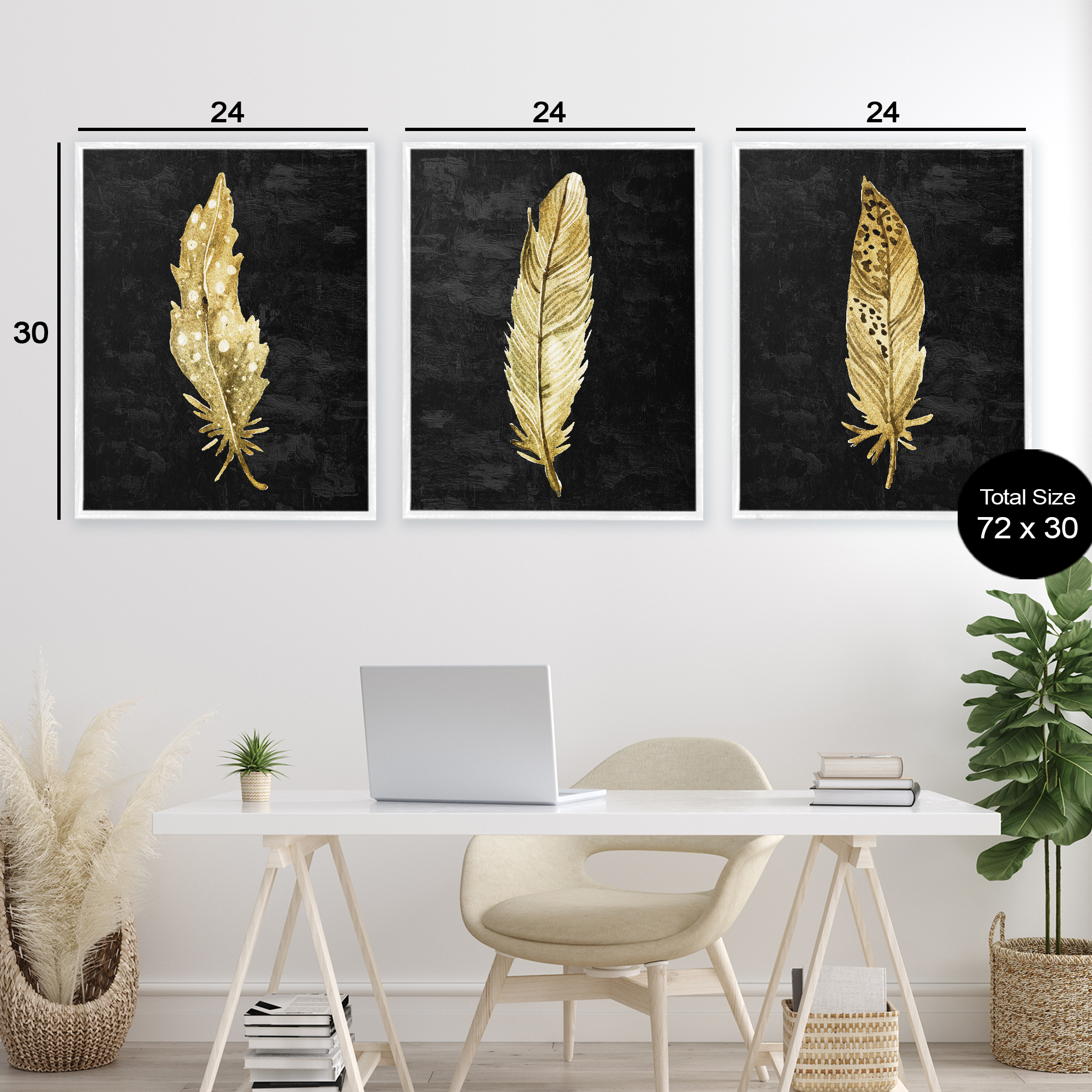 Black & Gold Feathers 3 Piece White Framed Giclee Art Set, design by Kim Allen