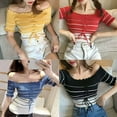 thumbnail image 5 of Women's Sexy Off The Shoulder Frill Knot Front Knit Short Sleeve Crop Top Striped T Shirt, 5 of 5