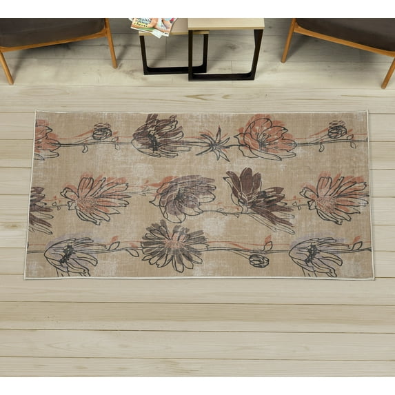 Spring Decorative Rug, Season of New Hopes Petals Blossoms Summer Floral Style of Illustration, Quality Carpet for Bedroom Dorm and Living Room, 6 Sizes, Eggshell Umber, by Ambesonne