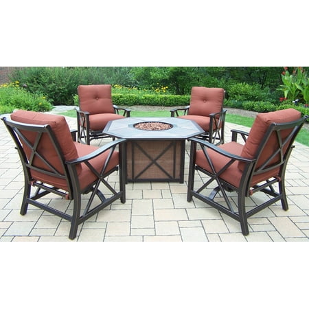 Newport Deep Seating Outdoor Furniture 5-Piece Brown Aluminum Outdoor Furniture Patio Fire Pit Deep Seating Chat Set - Red Cushions ()