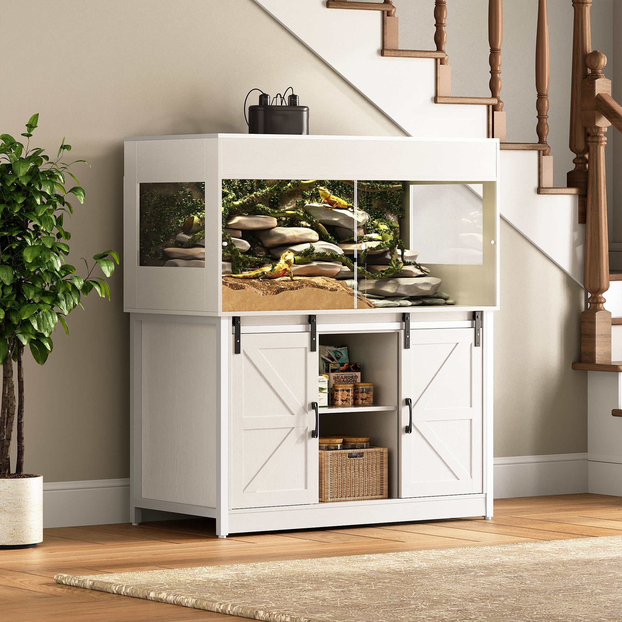 Herture 120 Gallon Reptile Terrarium with Stand, 4x2x2 Large Bearded Dragon Enclosure with Sliding Acrylic Doors, Mesh Top, Power Outlet & Storage, Vivarium Tank for Snakes, Lizards, White PX04RTW