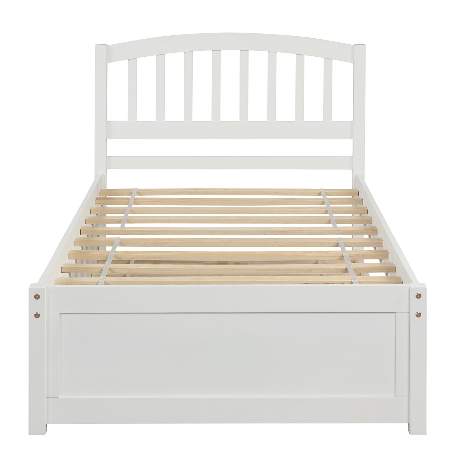 Mintazer Twin Size Platform Bed Frame with Trundle & Curved Slatted Headboard for Kids Teens Adults Bedroom, No Box Spring Needed, White