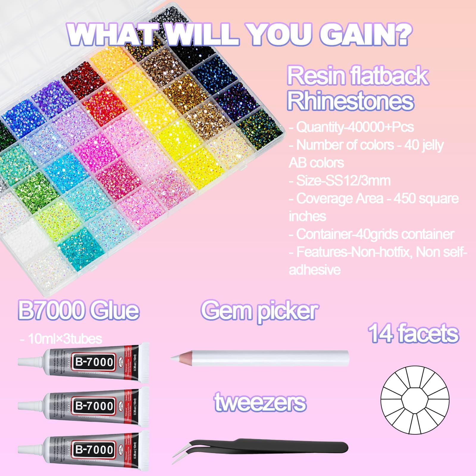 40000+Pcs bedazzler kit with rhinestones, 3mm Multicolor Flat Back Gems Bedazzler Kit with 3Pcs 10ml B7000 Jewelry Glue, Colorful Bulk Jewels for Book Shoes Crafts Tumblers Nail Art DIY