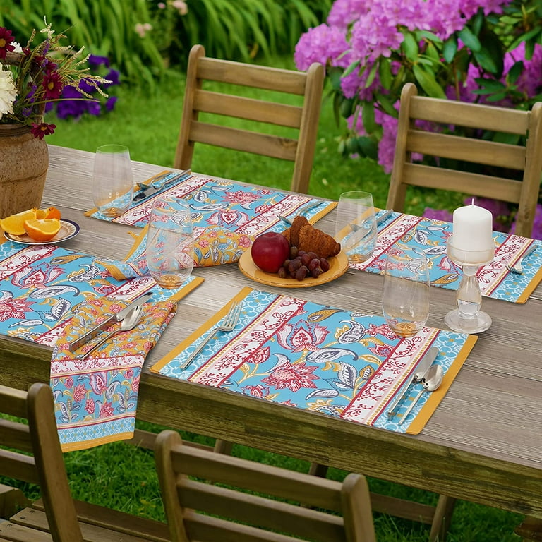 Home Bargains Plus Belle Fleur Provence Country French Fabric Placemats, Stain and Water Resistant, Wrinkle Free Floral Paisley Tablecloth, Wrinkle