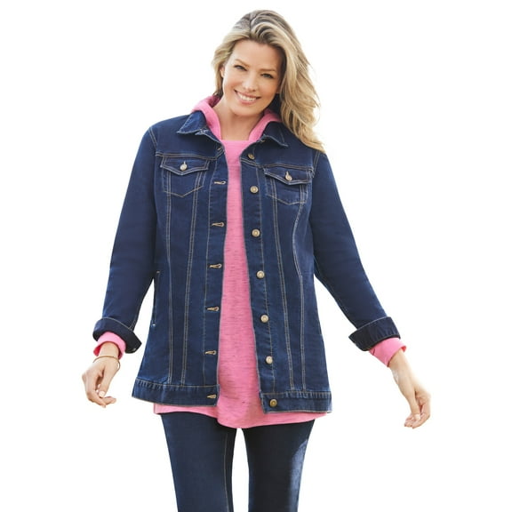 Woman Within Plus Size Long Stretch Denim Jacket Oversized Jean Jacket