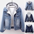 thumbnail image 2 of comerut Women Winter Jacket Hooded Solid Color Long Sleeves Detachable Hat Thick Keep Warm Single-breasted Plus Size Plush Denim Winter Coat for Daily Wear, 2 of 7