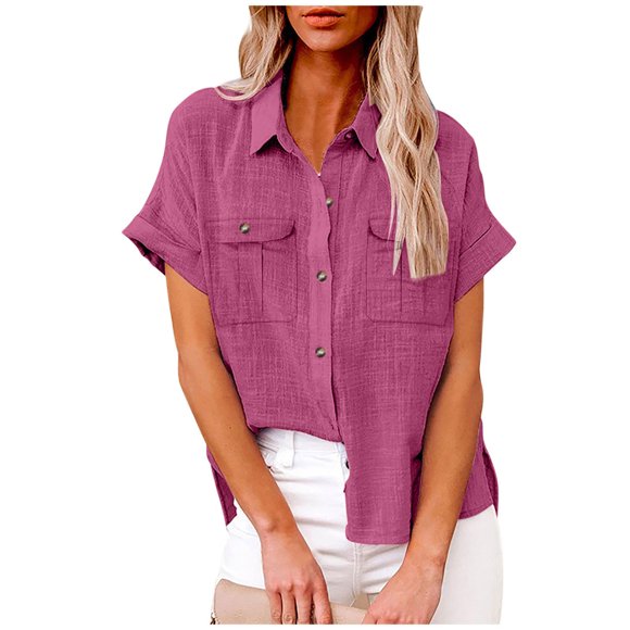 fheaev Chemises Boutonnées pour Femmes Manches Courtes Retroussées T-Shirts en Coton et Lin à Boutons avec Poche Tuniques de Travail à Col en V Blouse Hauts à Col