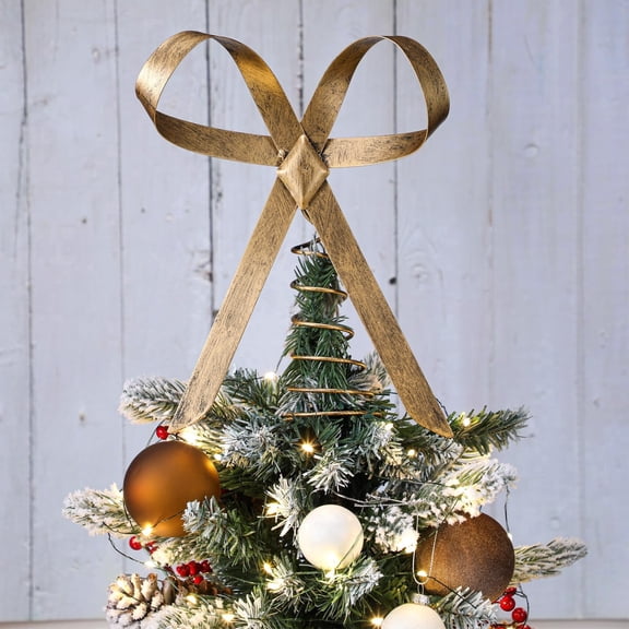 ANLTDTC 9.84 Inch Brass Bow Summer Christmas Tree Topper Vintage Metal Christmas Tree Topper Bow Rustic Neutral Xmas Decoration for Xmas Indoor Outdoor Decor