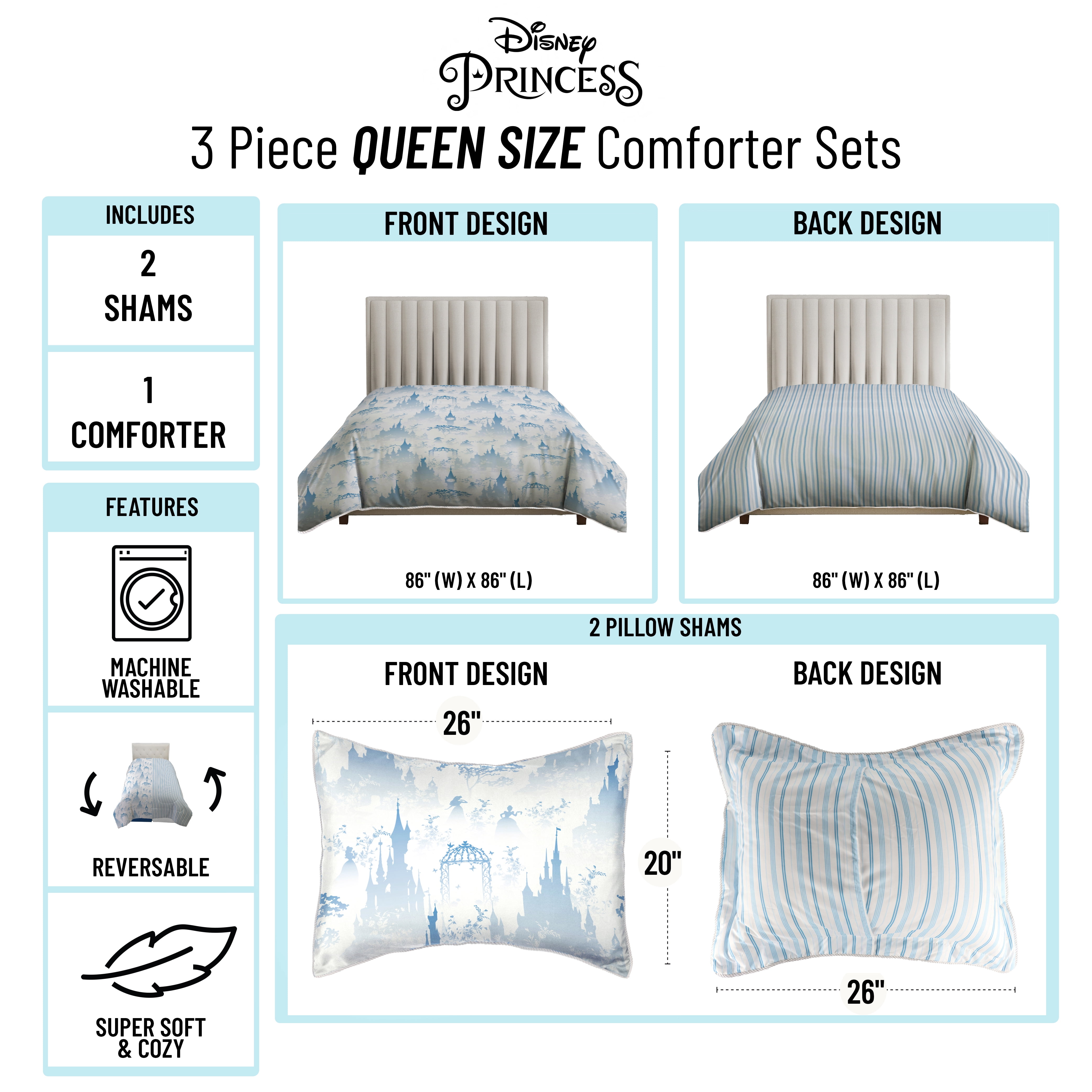 Disney Princess Blue & White Satin and Roped Trim 3 Piece Comforter and Sham Bedding Set, All Ages, Queen