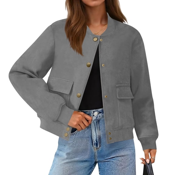 SwiftWear Women's Cropped Faux Suede Bomber Jacket Stand Collar Casual Short Moto Style Coat Lightweight Trendy, Gray