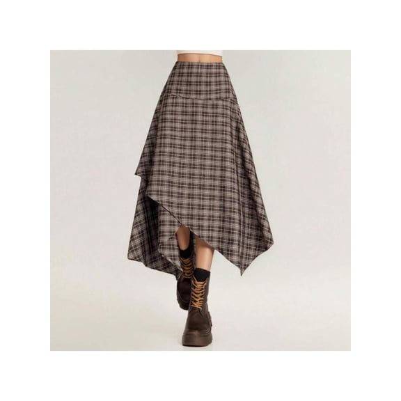 Womens Coffee Brown Asymmetrical Plaid Midi Skirt With Handkerchief Hem