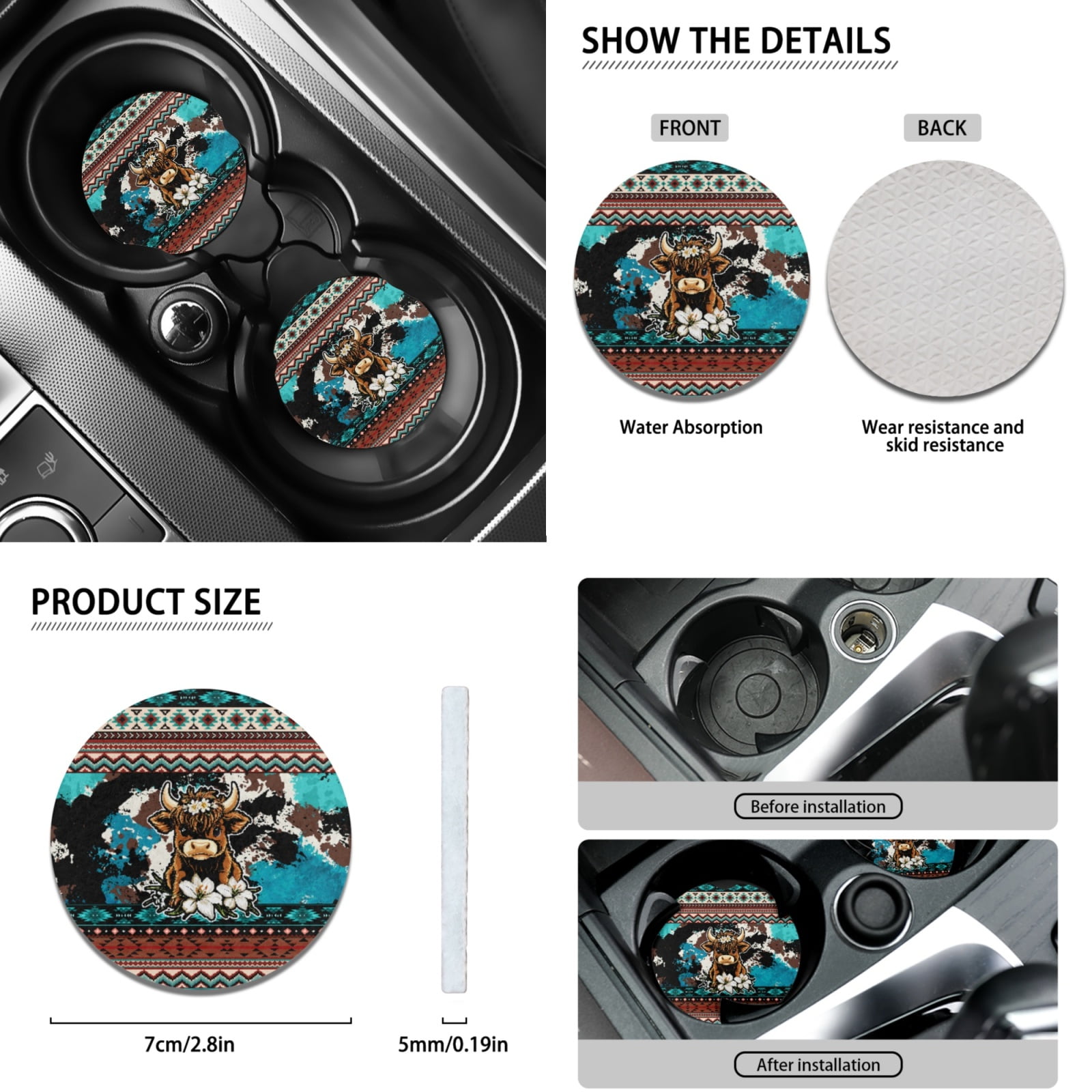 Renewold American Tribal Highland Cow Lily Car Seat Cover Full Set 11 Pack, with Steering Wheel Cover Coasters Gear Shift Knob Cover Handbrake Protector Headrest Protector Auto Decor Universal Fit