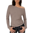 thumbnail image 2 of ClodeEU Women's Asymmetric Shoulder Pleated Long-Sleeve Slim Fit Tshirt ,Boat Neck Off Shoulder Blouse Tops Khaki,Womens Plus XL, 2 of 7