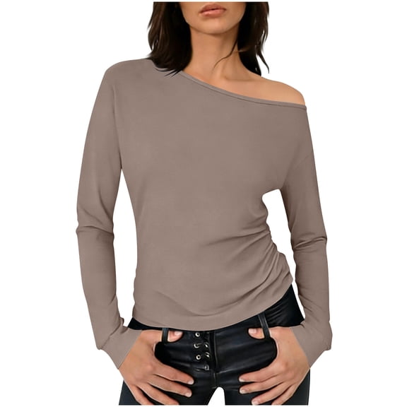 ClodeEU Women's Asymmetric Shoulder Pleated Long-Sleeve Slim Fit Tshirt ,Boat Neck Off Shoulder Blouse Tops Khaki,Womens Plus XL