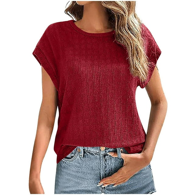 Camisas de Manga Corta para las Mujeres Casual, Moda Cuello Redondo Color Sólido, Blusas de Verano para las Mujeres